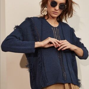 Moon River Navy Blue Fringe Pullover Knit Hooded Sweater XS